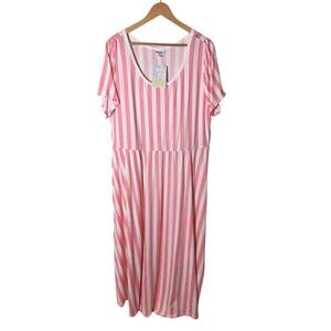 LuLaRoe Dress Women's Size 3XL Pink White Stripes Maxi Short Sleeve Stretch